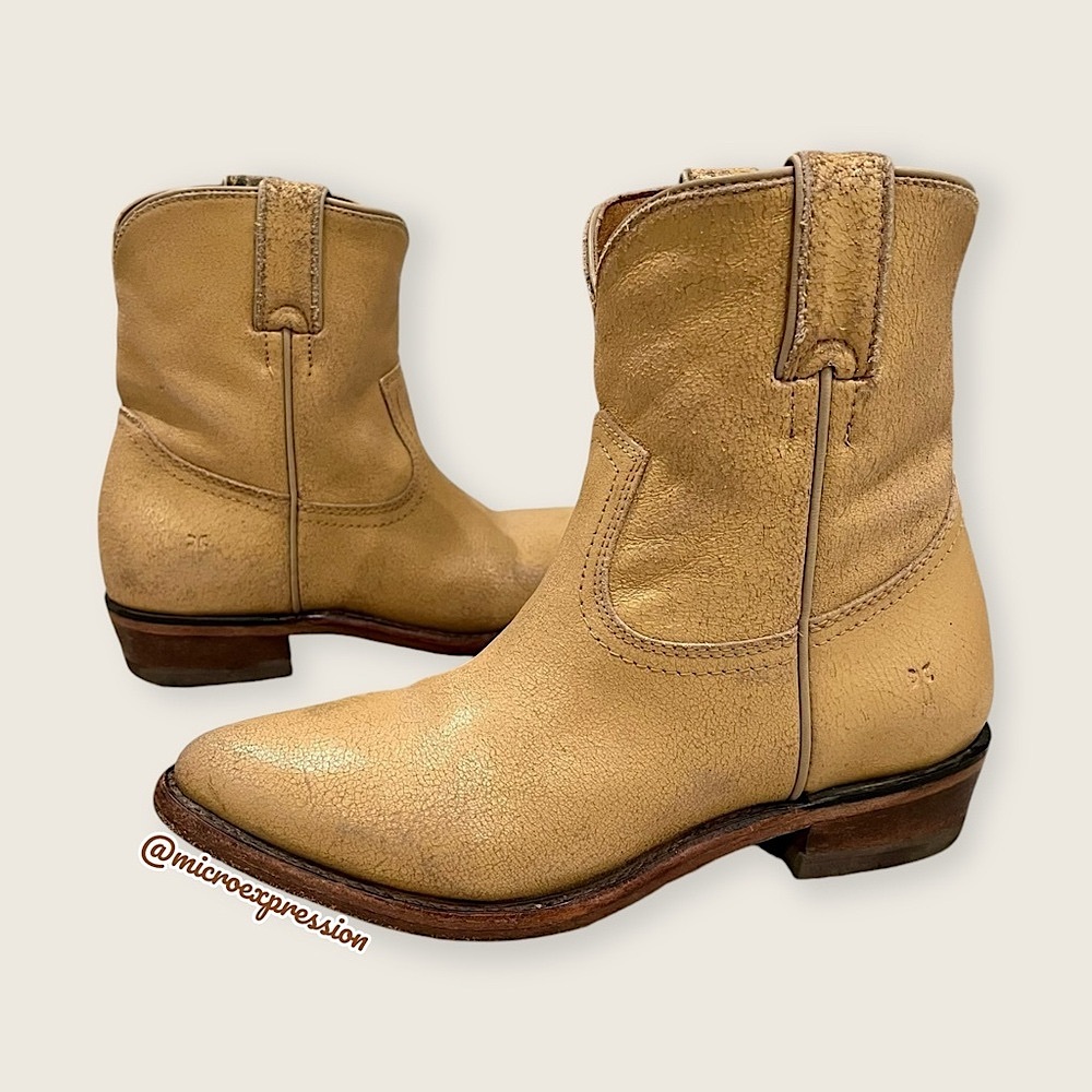 $379 Frye Billy Pull On Sunflower Tan/Beige Crackled Leather Cowboy Short Boot